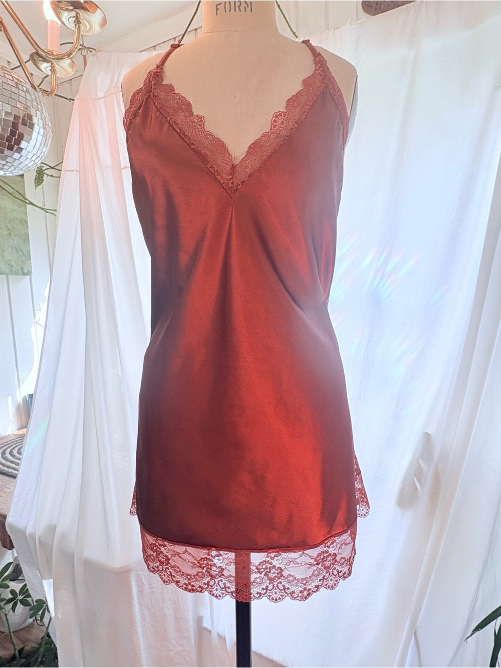 Avidlove Rust Satin Lace Trim Slip Chemise Racerback Size L Coquette